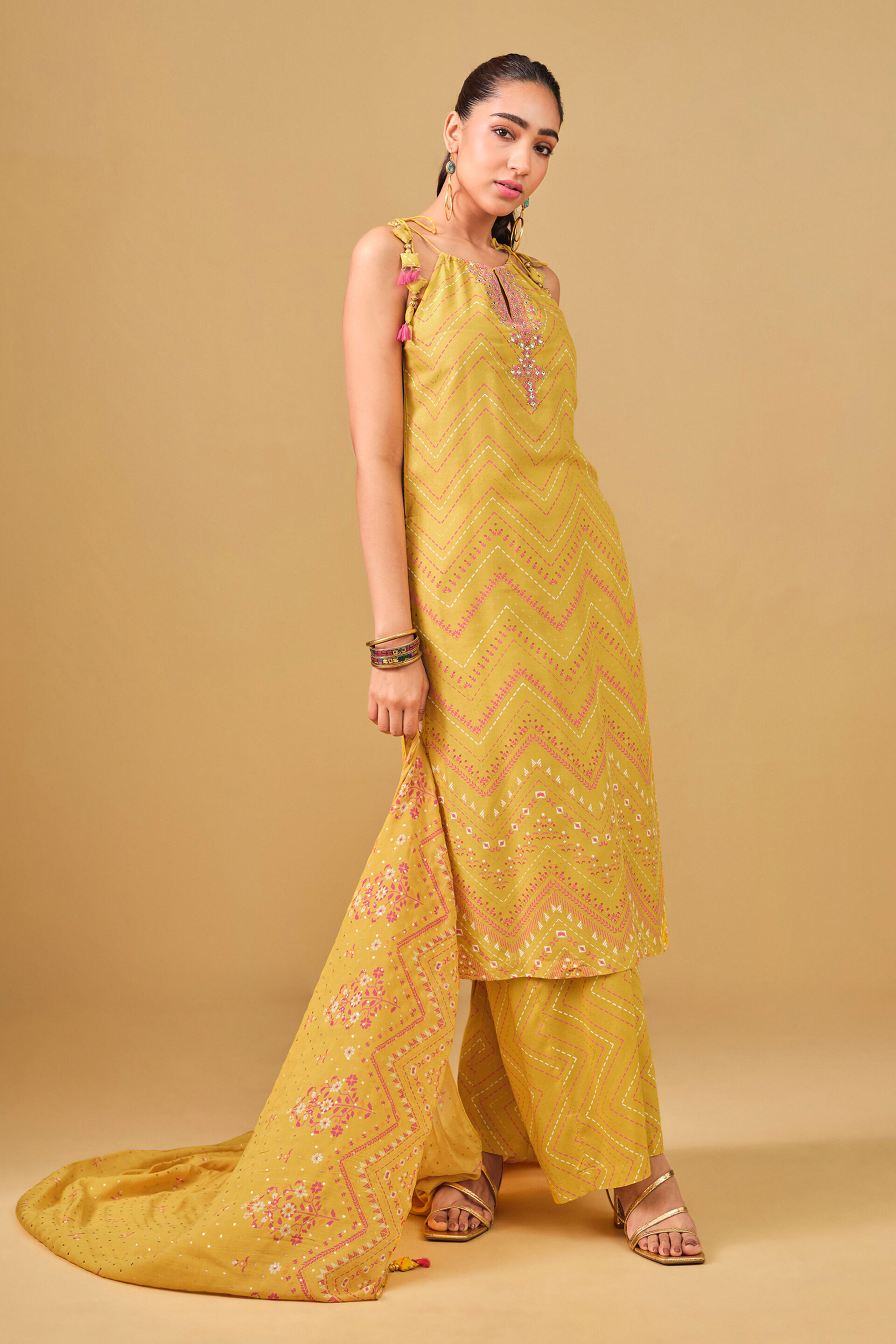 Embroidered Yellow Kurta Set, Mustard, image 3